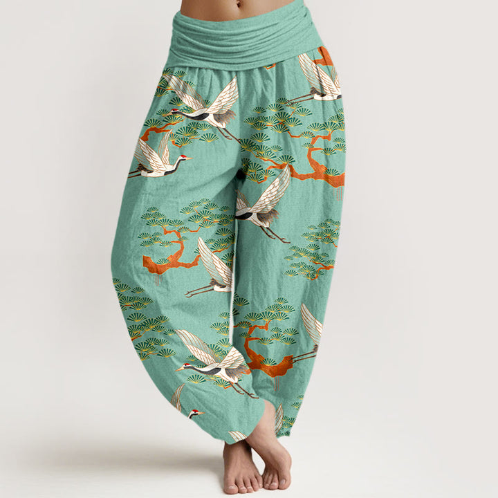 Pantaloni harem da donna in puro cotone con elastico in vita e stampa Buddha Stones, motivo di pino e gru - Verdemare medio - US16, UK/AU20, EU48 (3XL) - image 5