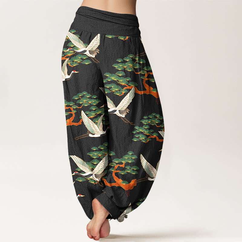 Pantaloni harem da donna in puro cotone con elastico in vita e stampa Buddha Stones, motivo di pino e gru - Nero - US16, UK/AU20, EU48 (3XL) - image 8