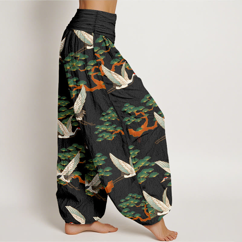 Pantaloni harem da donna in puro cotone con elastico in vita e stampa Buddha Stones, motivo di pino e gru - image 10
