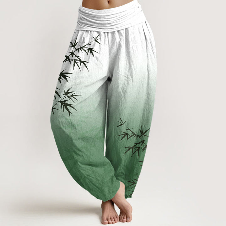 Pantaloni harem da donna in puro cotone con elastico in vita, motivo a foglie di bambù, casual e sfumato, motivo Buddha Stones - Verdemare medio - US16, UK/AU20, EU48 (3XL) - image 0