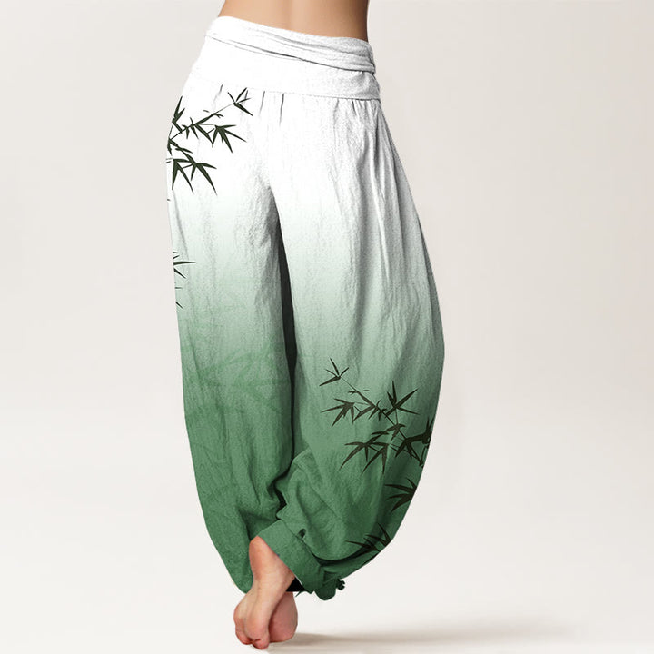Pantaloni harem da donna in puro cotone con elastico in vita, motivo a foglie di bambù, casual e sfumato, motivo Buddha Stones - image 1