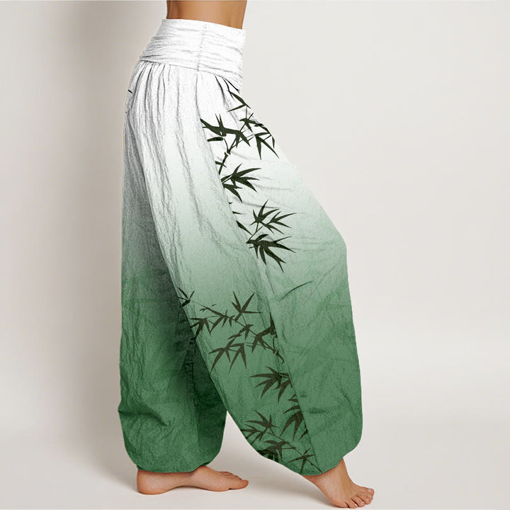 Pantaloni harem da donna in puro cotone con elastico in vita, motivo a foglie di bambù, casual e sfumato, motivo Buddha Stones - image 2
