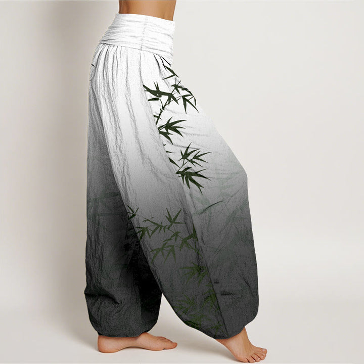 Pantaloni harem da donna in puro cotone con elastico in vita, motivo a foglie di bambù, casual e sfumato, motivo Buddha Stones - image 7