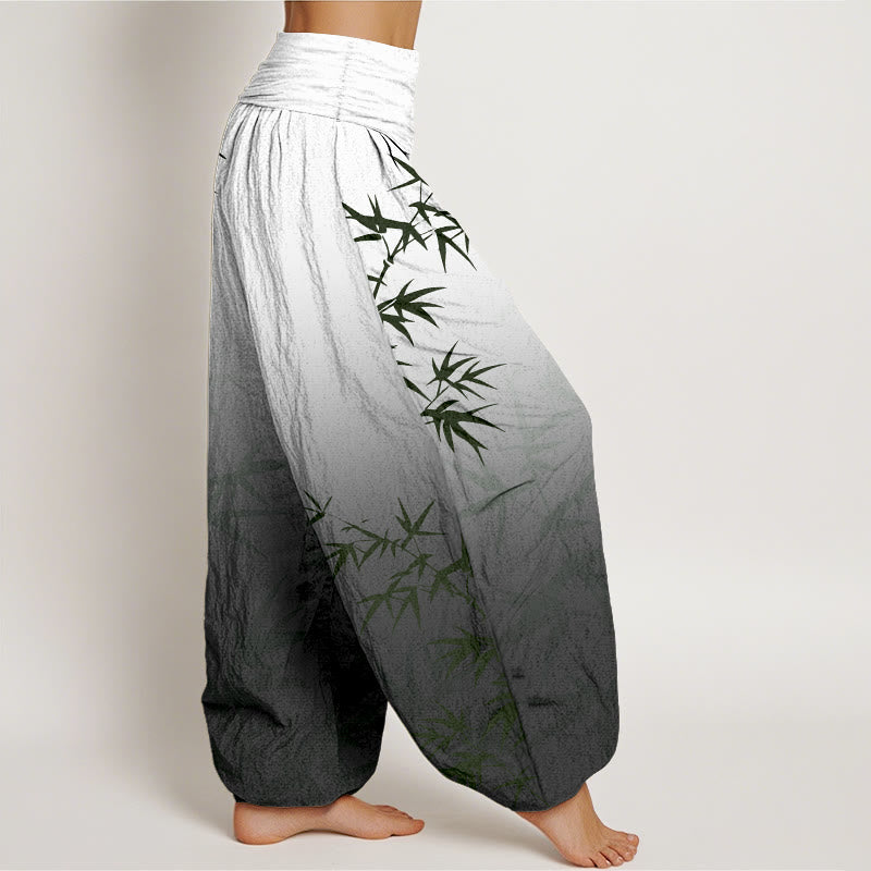 Pantaloni harem da donna in puro cotone con elastico in vita, motivo a foglie di bambù, casual e sfumato, motivo Buddha Stones - image 7