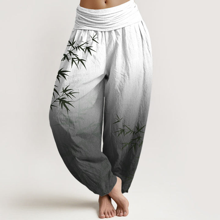 Pantaloni harem da donna in puro cotone con elastico in vita, motivo a foglie di bambù, casual e sfumato, motivo Buddha Stones - Nero - US16, UK/AU20, EU48 (3XL) - image 5
