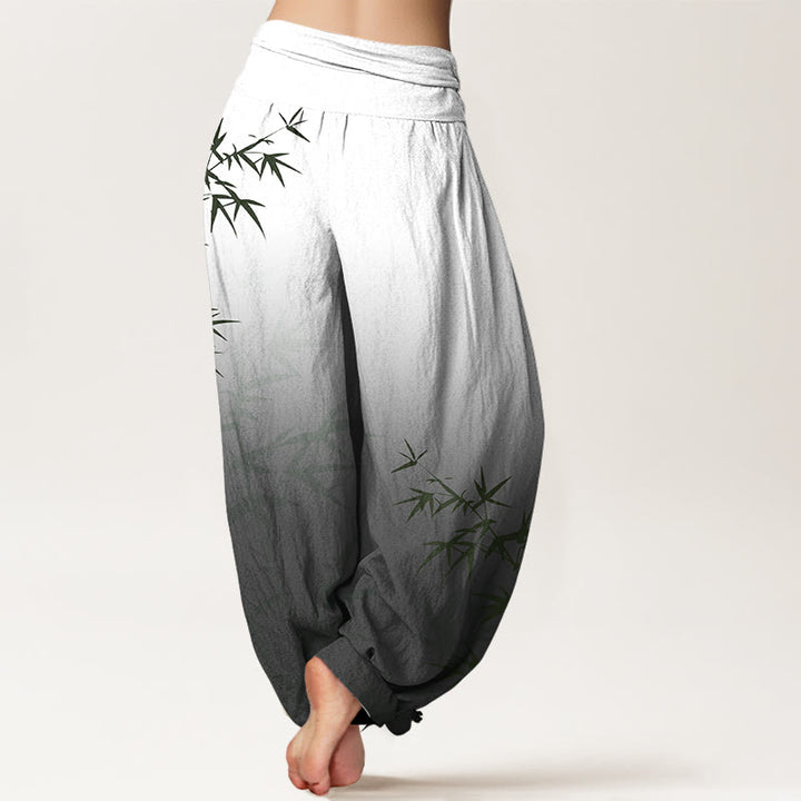 Pantaloni harem da donna in puro cotone con elastico in vita, motivo a foglie di bambù, casual e sfumato, motivo Buddha Stones - image 6