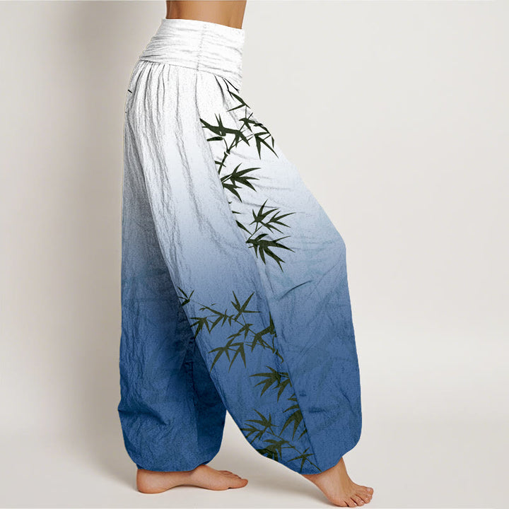 Pantaloni harem da donna in puro cotone con elastico in vita, motivo a foglie di bambù, casual e sfumato, motivo Buddha Stones - image 10