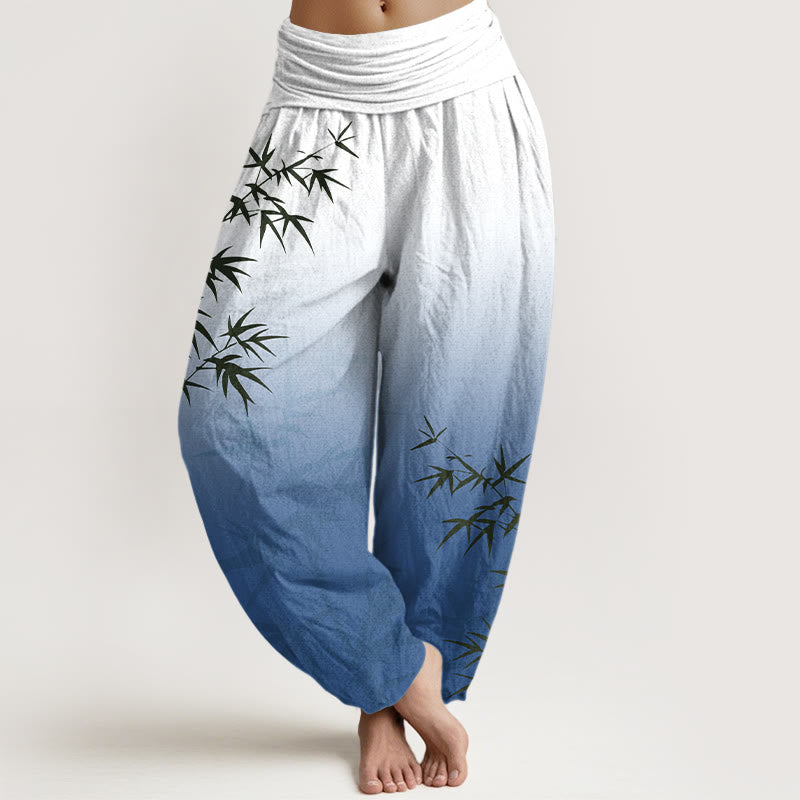 Pantaloni harem da donna in puro cotone con elastico in vita, motivo a foglie di bambù, casual e sfumato, motivo Buddha Stones - Blu Reale - US16, UK/AU20, EU48 (3XL) - image 8