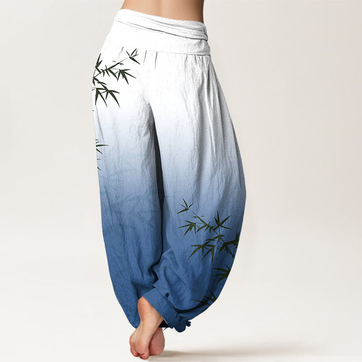Pantaloni harem da donna in puro cotone con elastico in vita, motivo a foglie di bambù, casual e sfumato, motivo Buddha Stones - image 9