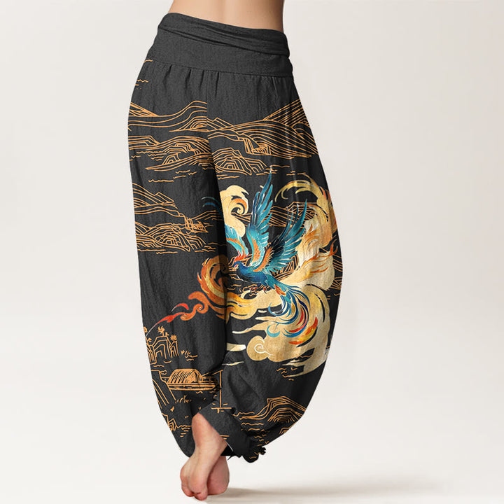 Pantaloni harem in puro cotone con elastico in vita e motivo paesaggio delle montagne della Fenice Buddha Stones da donna - image 1
