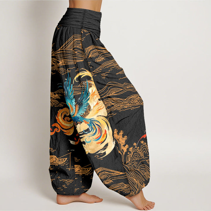 Pantaloni harem in puro cotone con elastico in vita e motivo paesaggio delle montagne della Fenice Buddha Stones da donna - image 2