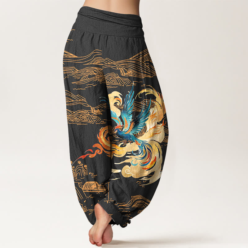 Pantaloni harem in puro cotone con elastico in vita e motivo paesaggio delle montagne della Fenice Buddha Stones da donna - image 1