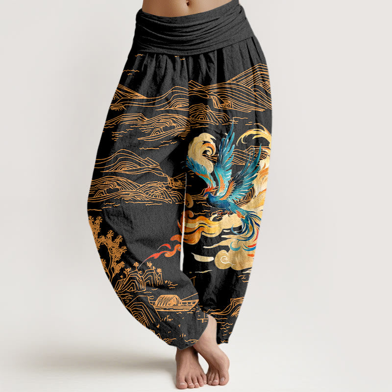 Pantaloni harem in puro cotone con elastico in vita e motivo paesaggio delle montagne della Fenice Buddha Stones da donna - Nero - US16, UK/AU20, EU48 (3XL) - image 0