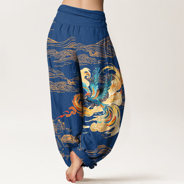 Pantaloni harem in puro cotone con elastico in vita e motivo paesaggio delle montagne della Fenice Buddha Stones da donna - image 9