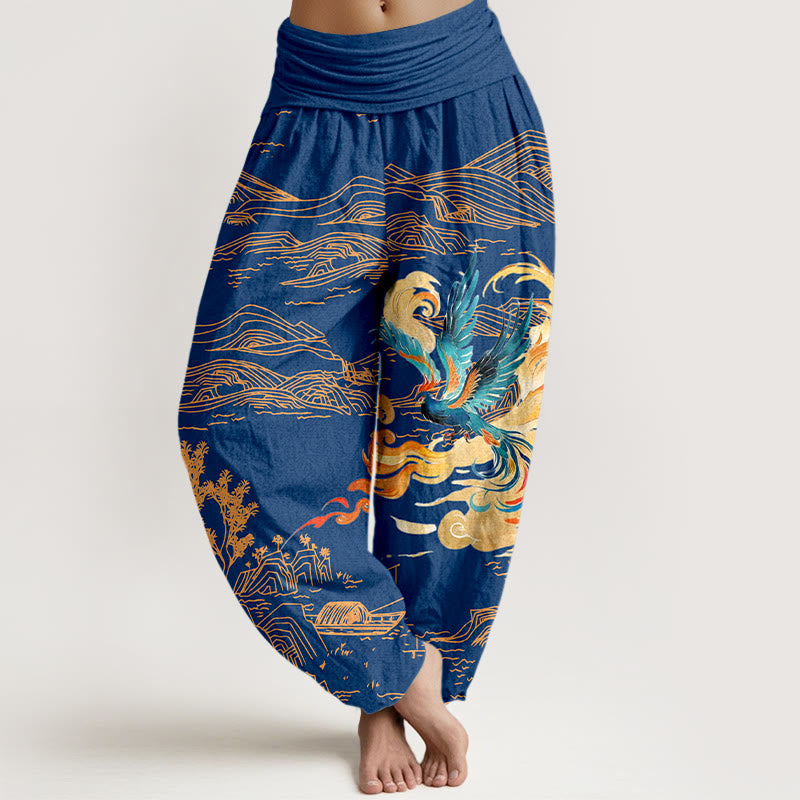 Pantaloni harem in puro cotone con elastico in vita e motivo paesaggio delle montagne della Fenice Buddha Stones da donna - Blu medio - US16, UK/AU20, EU48 (3XL) - image 8