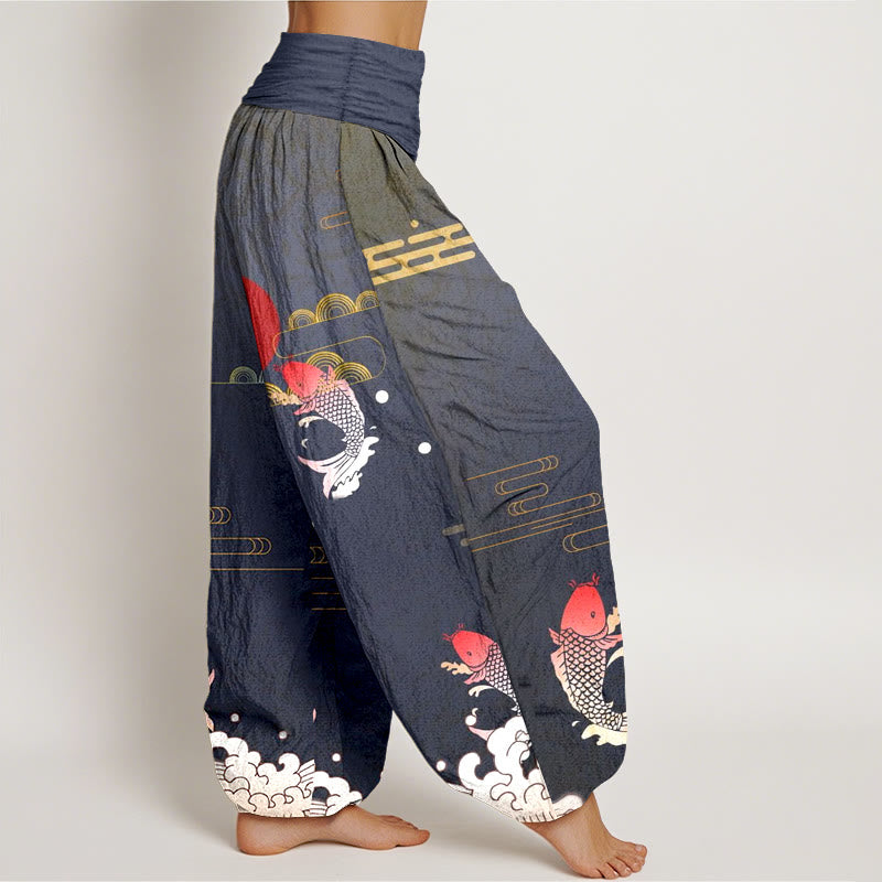 Pantaloni harem da donna in puro cotone con elastico in vita, motivo Buddha Stones Koi Fish, sole rosso, onde e nuvole - image 2