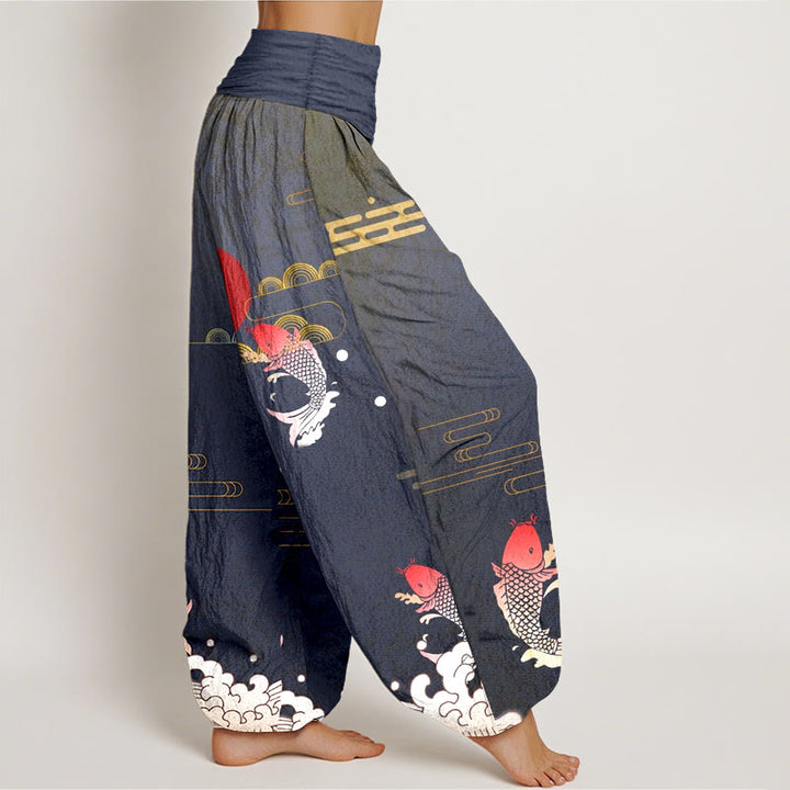 Pantaloni harem da donna in puro cotone con elastico in vita, motivo Buddha Stones Koi Fish, sole rosso, onde e nuvole - image 2