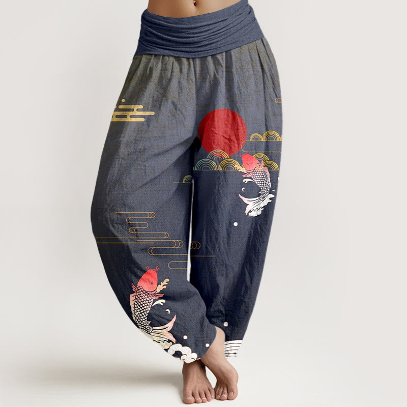 Pantaloni harem da donna in puro cotone con elastico in vita, motivo Buddha Stones Koi Fish, sole rosso, onde e nuvole - Grigio ardesia chiaro - US16, UK/AU20, EU48 (3XL) - image 0