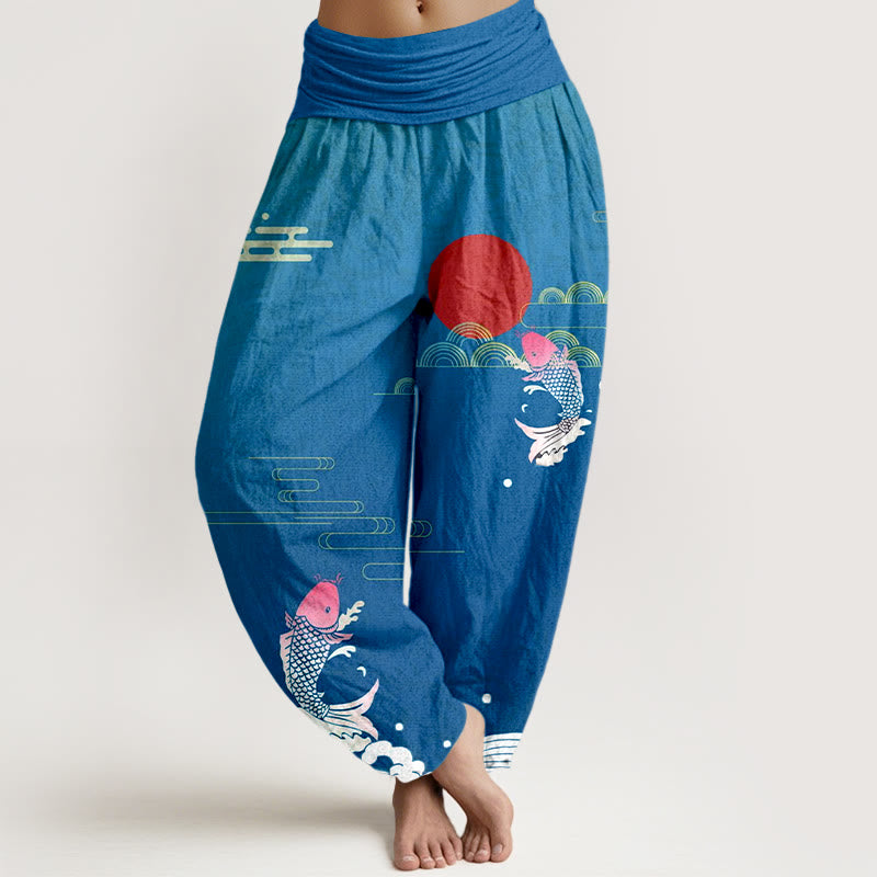 Pantaloni harem da donna in puro cotone con elastico in vita, motivo Buddha Stones Koi Fish, sole rosso, onde e nuvole - SteelBlue - US16, UK/AU20, EU48 (3XL) - image 5