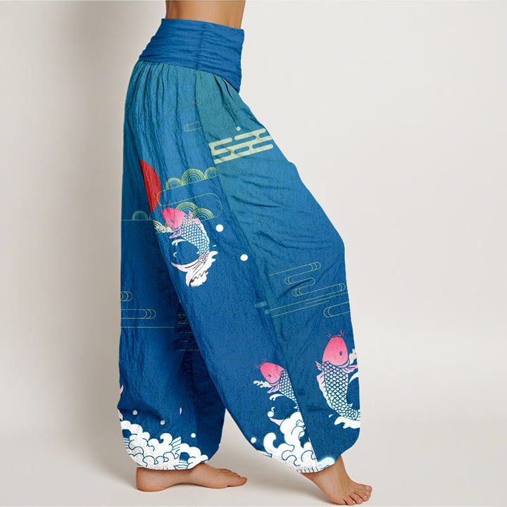Pantaloni harem da donna in puro cotone con elastico in vita, motivo Buddha Stones Koi Fish, sole rosso, onde e nuvole - image 7