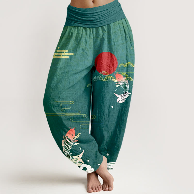 Pantaloni harem da donna in puro cotone con elastico in vita, motivo Buddha Stones Koi Fish, sole rosso, onde e nuvole - Ciano scuro - US16, UK/AU20, EU48 (3XL) - image 8