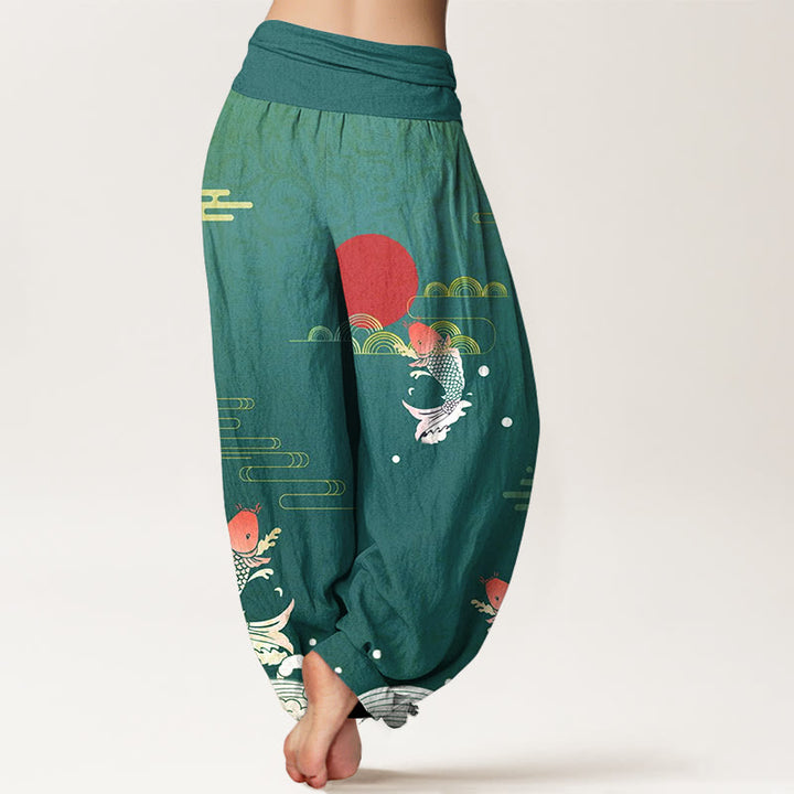 Pantaloni harem da donna in puro cotone con elastico in vita, motivo Buddha Stones Koi Fish, sole rosso, onde e nuvole - image 9