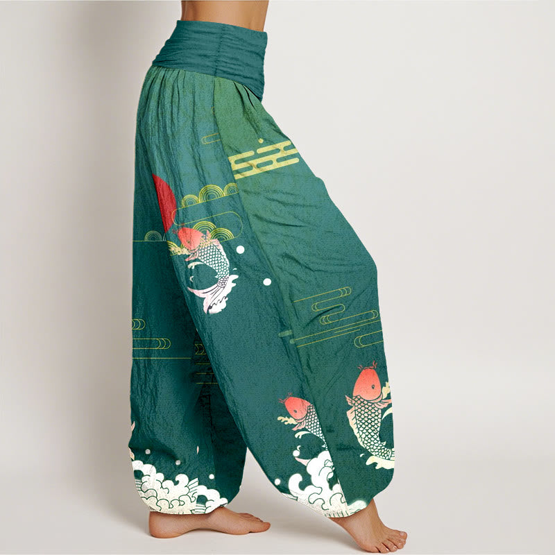 Pantaloni harem da donna in puro cotone con elastico in vita, motivo Buddha Stones Koi Fish, sole rosso, onde e nuvole - image 10