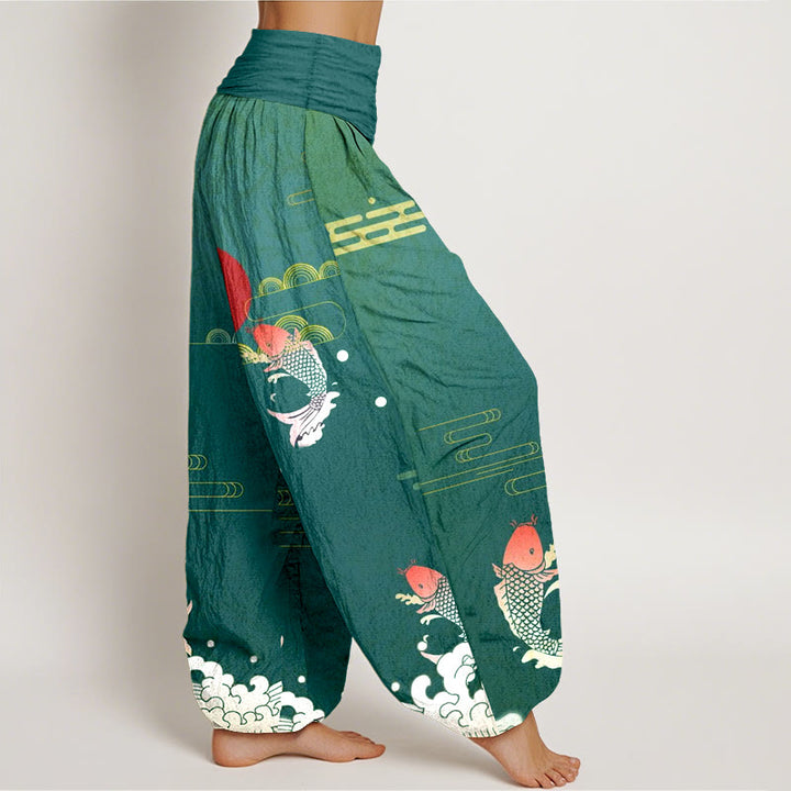 Pantaloni harem da donna in puro cotone con elastico in vita, motivo Buddha Stones Koi Fish, sole rosso, onde e nuvole - image 10