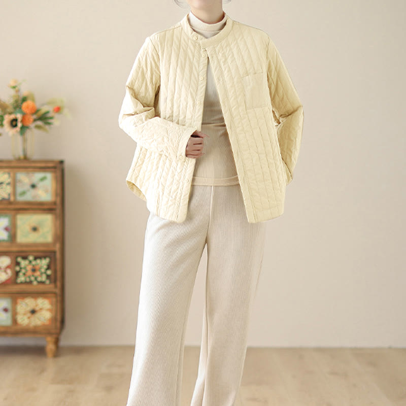 Giacca termica in cotone a maniche lunghe con colletto rialzato e design semplice da donna Buddha Stones con tasca - image 10