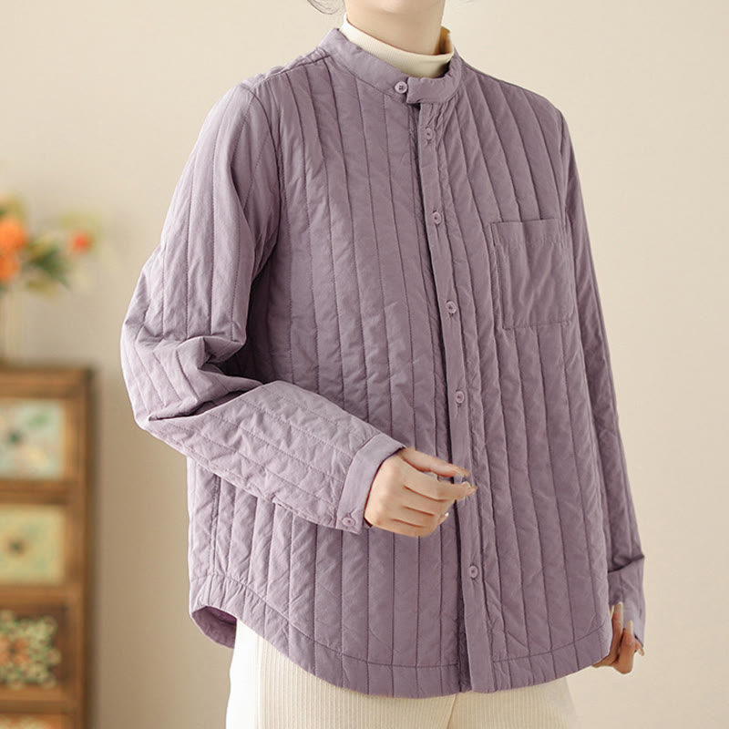 Giacca termica in cotone a maniche lunghe con colletto rialzato e design semplice da donna Buddha Stones con tasca - image 3