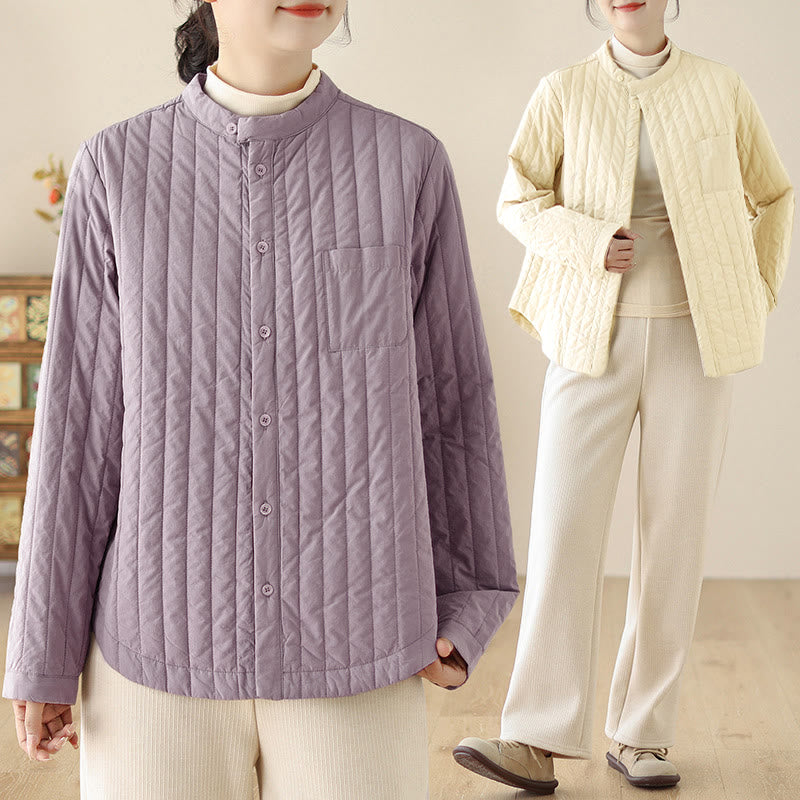 Giacca termica in cotone a maniche lunghe con colletto rialzato e design semplice da donna Buddha Stones con tasca - image 17