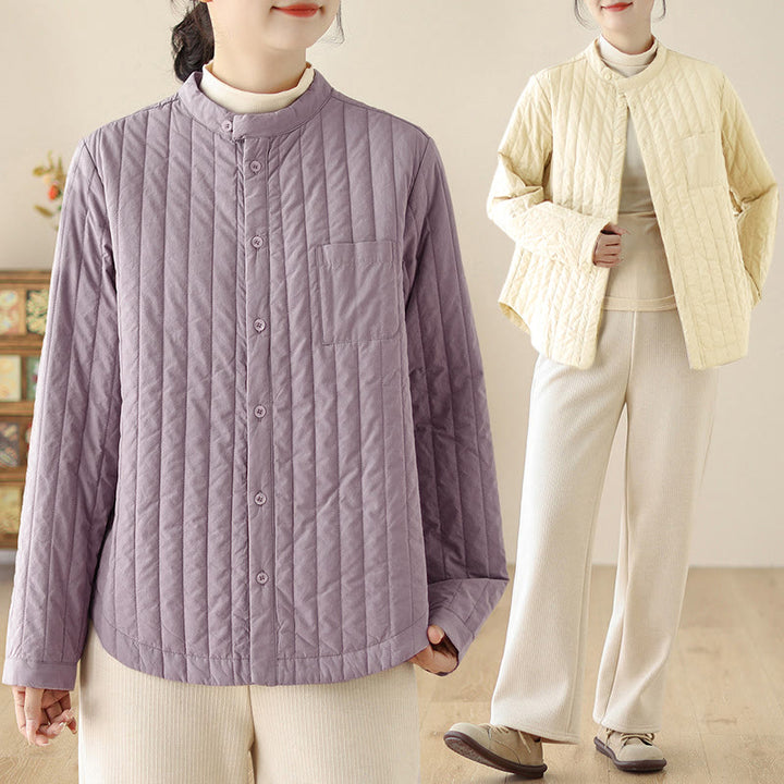 Giacca termica in cotone a maniche lunghe con colletto rialzato e design semplice da donna Buddha Stones con tasca - image 17