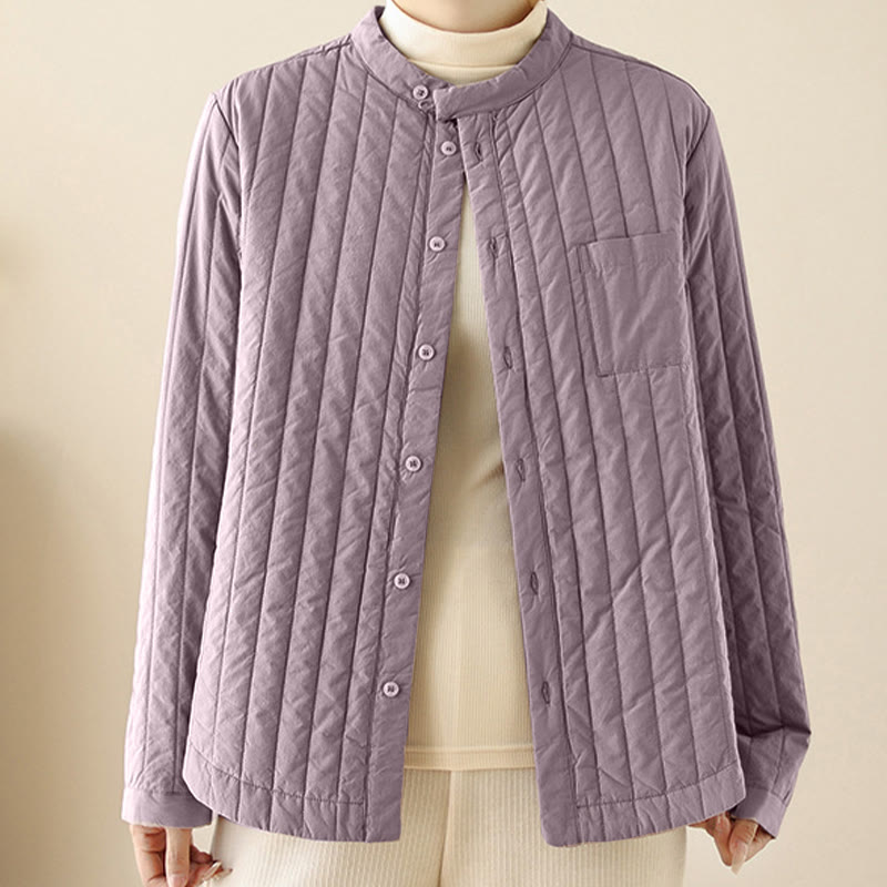 Giacca termica in cotone a maniche lunghe con colletto rialzato e design semplice da donna Buddha Stones con tasca - image 1