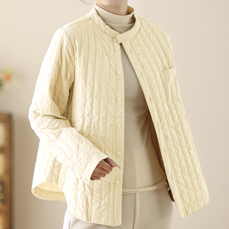 Giacca termica in cotone a maniche lunghe con colletto rialzato e design semplice da donna Buddha Stones con tasca - image 9