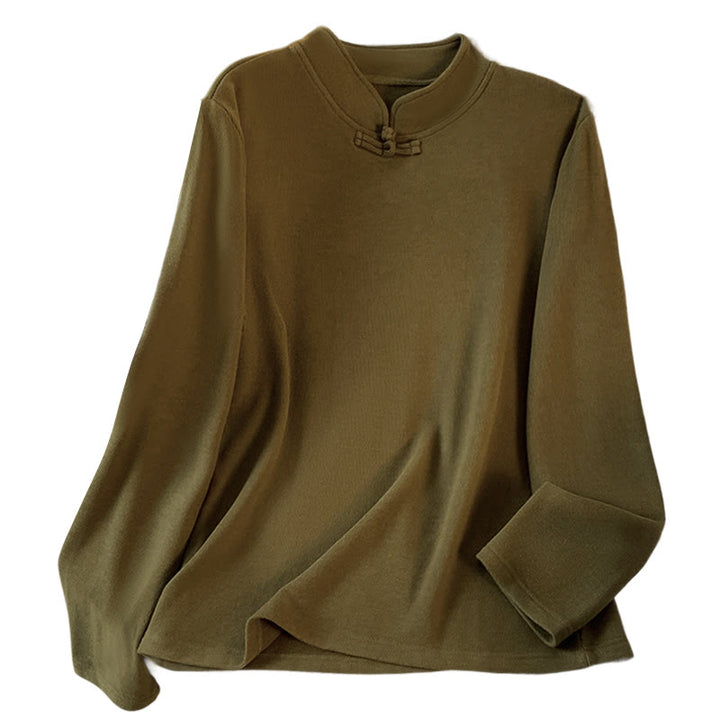 Camicia da donna in cotone a maniche lunghe con colletto rialzato e bottoni a rana, tinta unita, motivo Buddha Stones Spring - image 23