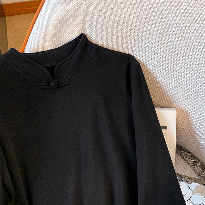 Camicia da donna in cotone a maniche lunghe con colletto rialzato e bottoni a rana, tinta unita, motivo Buddha Stones Spring - image 31