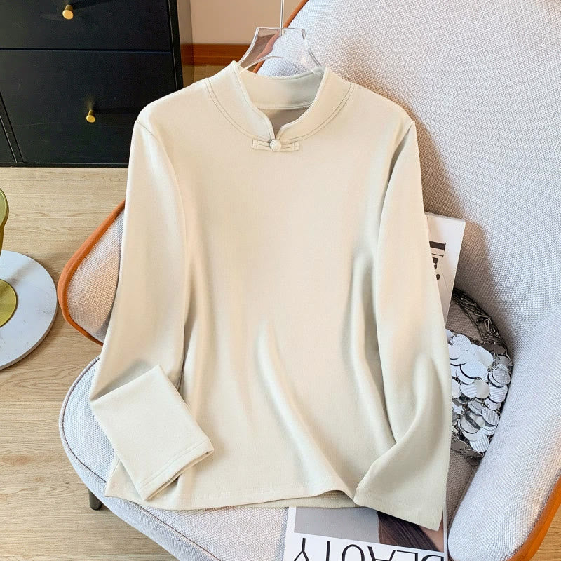 Camicia da donna in cotone a maniche lunghe con colletto rialzato e bottoni a rana, tinta unita, motivo Buddha Stones Spring - image 1