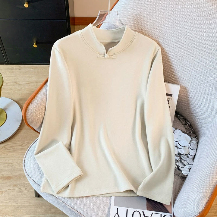 Camicia da donna in cotone a maniche lunghe con colletto rialzato e bottoni a rana, tinta unita, motivo Buddha Stones Spring - image 1