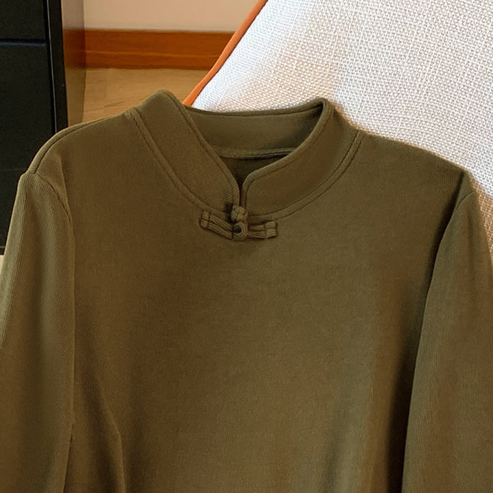 Camicia da donna in cotone a maniche lunghe con colletto rialzato e bottoni a rana, tinta unita, motivo Buddha Stones Spring - image 16