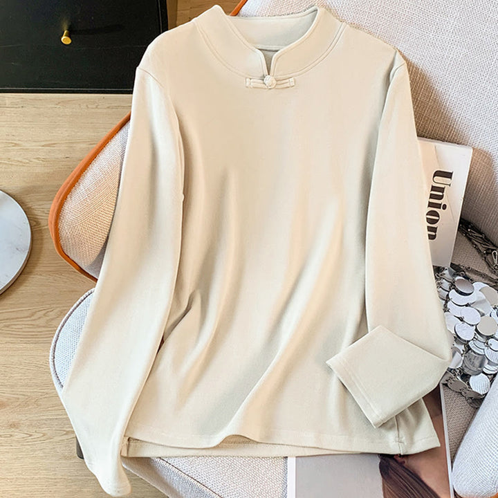 Camicia da donna in cotone a maniche lunghe con colletto rialzato e bottoni a rana, tinta unita, motivo Buddha Stones Spring - image 2