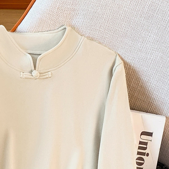 Camicia da donna in cotone a maniche lunghe con colletto rialzato e bottoni a rana, tinta unita, motivo Buddha Stones Spring - image 8