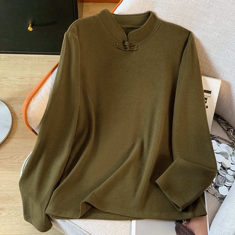 Camicia da donna in cotone a maniche lunghe con colletto rialzato e bottoni a rana, tinta unita, motivo Buddha Stones Spring - image 14