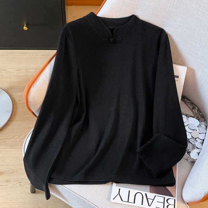 Camicia da donna in cotone a maniche lunghe con colletto rialzato e bottoni a rana, tinta unita, motivo Buddha Stones Spring - image 25