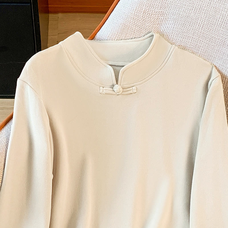 Camicia da donna in cotone a maniche lunghe con colletto rialzato e bottoni a rana, tinta unita, motivo Buddha Stones Spring - image 4