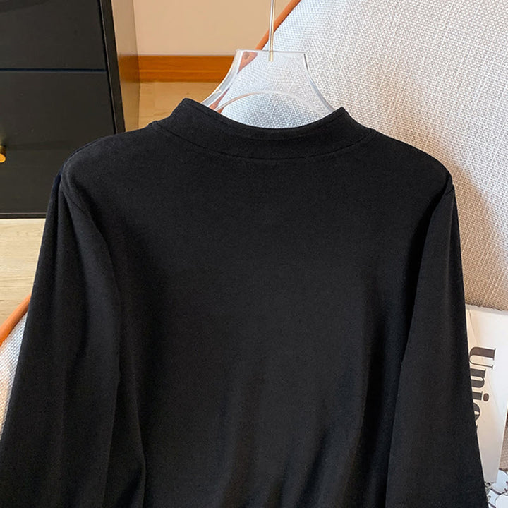 Camicia da donna in cotone a maniche lunghe con colletto rialzato e bottoni a rana, tinta unita, motivo Buddha Stones Spring - image 29