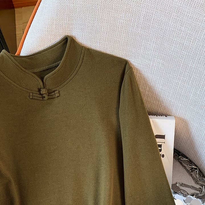 Camicia da donna in cotone a maniche lunghe con colletto rialzato e bottoni a rana, tinta unita, motivo Buddha Stones Spring - image 18