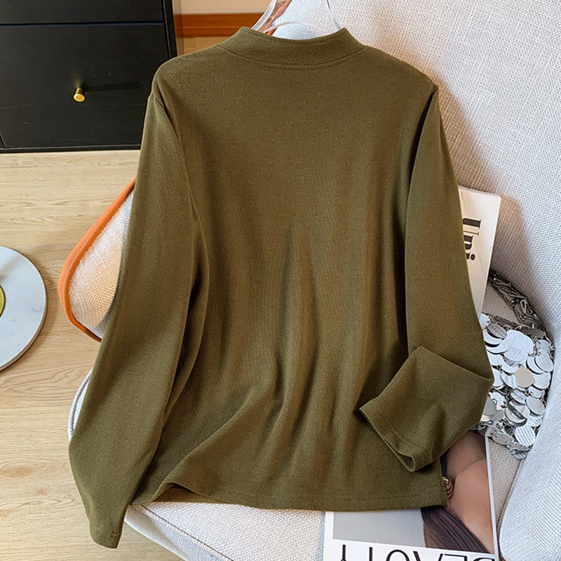 Camicia da donna in cotone a maniche lunghe con colletto rialzato e bottoni a rana, tinta unita, motivo Buddha Stones Spring - image 15