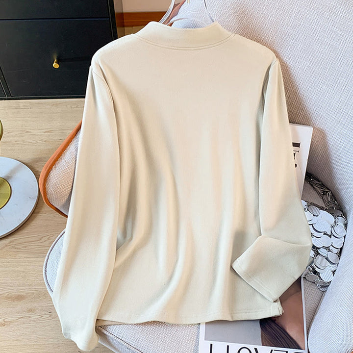 Camicia da donna in cotone a maniche lunghe con colletto rialzato e bottoni a rana, tinta unita, motivo Buddha Stones Spring - image 3