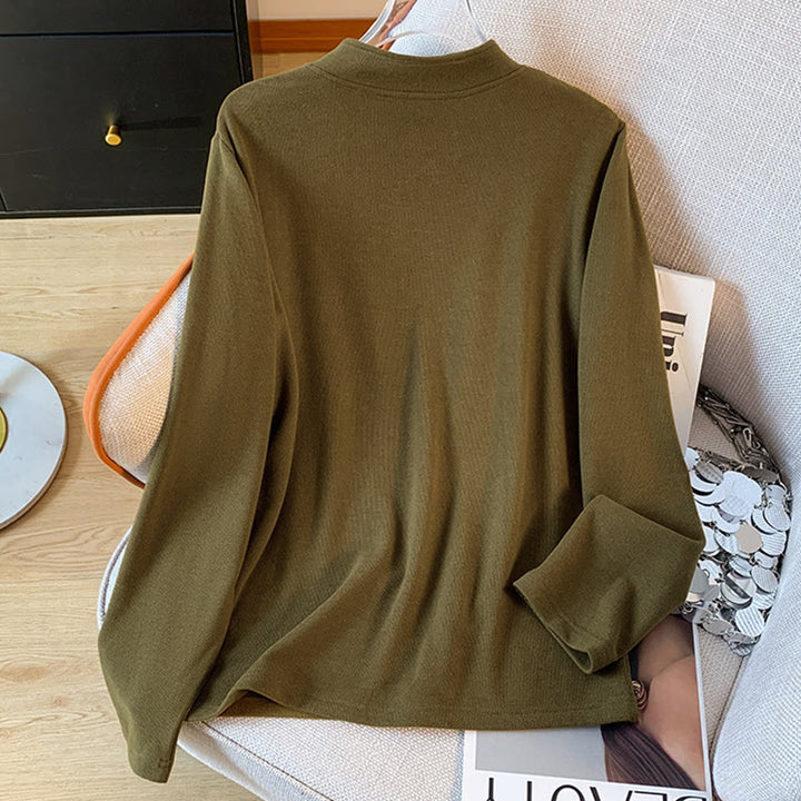 Camicia da donna in cotone a maniche lunghe con colletto rialzato e bottoni a rana, tinta unita, motivo Buddha Stones Spring - image 15