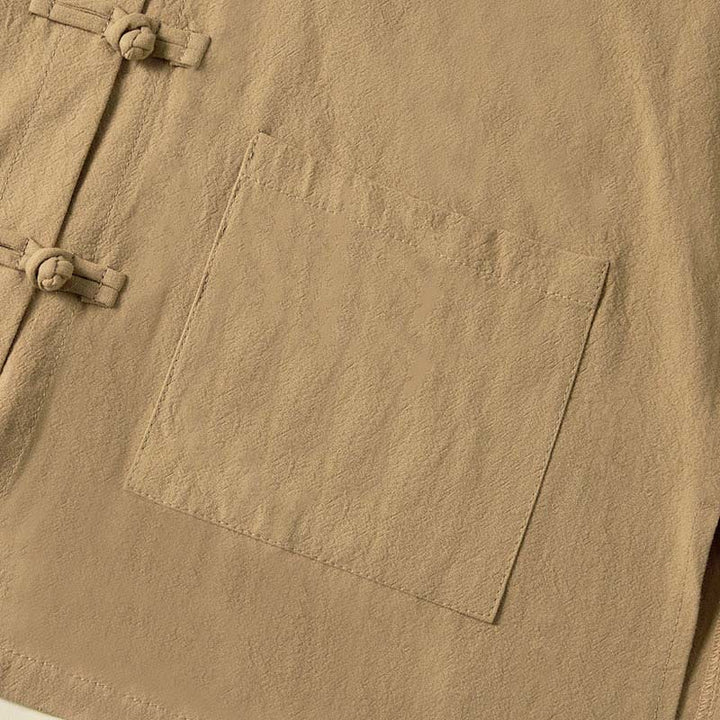 Camicia da donna in cotone con colletto rialzato, maniche lunghe, bottoni etnici a forma di rana, con tasche Buddha Stones - image 3